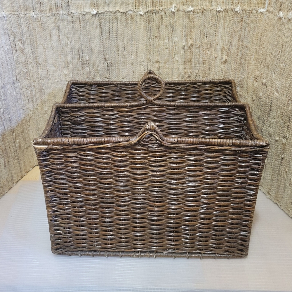 Wicker Rattan & Wire Double Letter Envelope Desk Organizer Document File Sorter